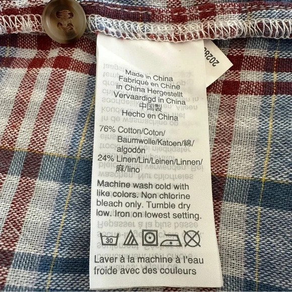 Madewell size XS Leysfield Plaid Popover Blouse Shirt Blue Linen Blend Fall - Picture 6 of 6